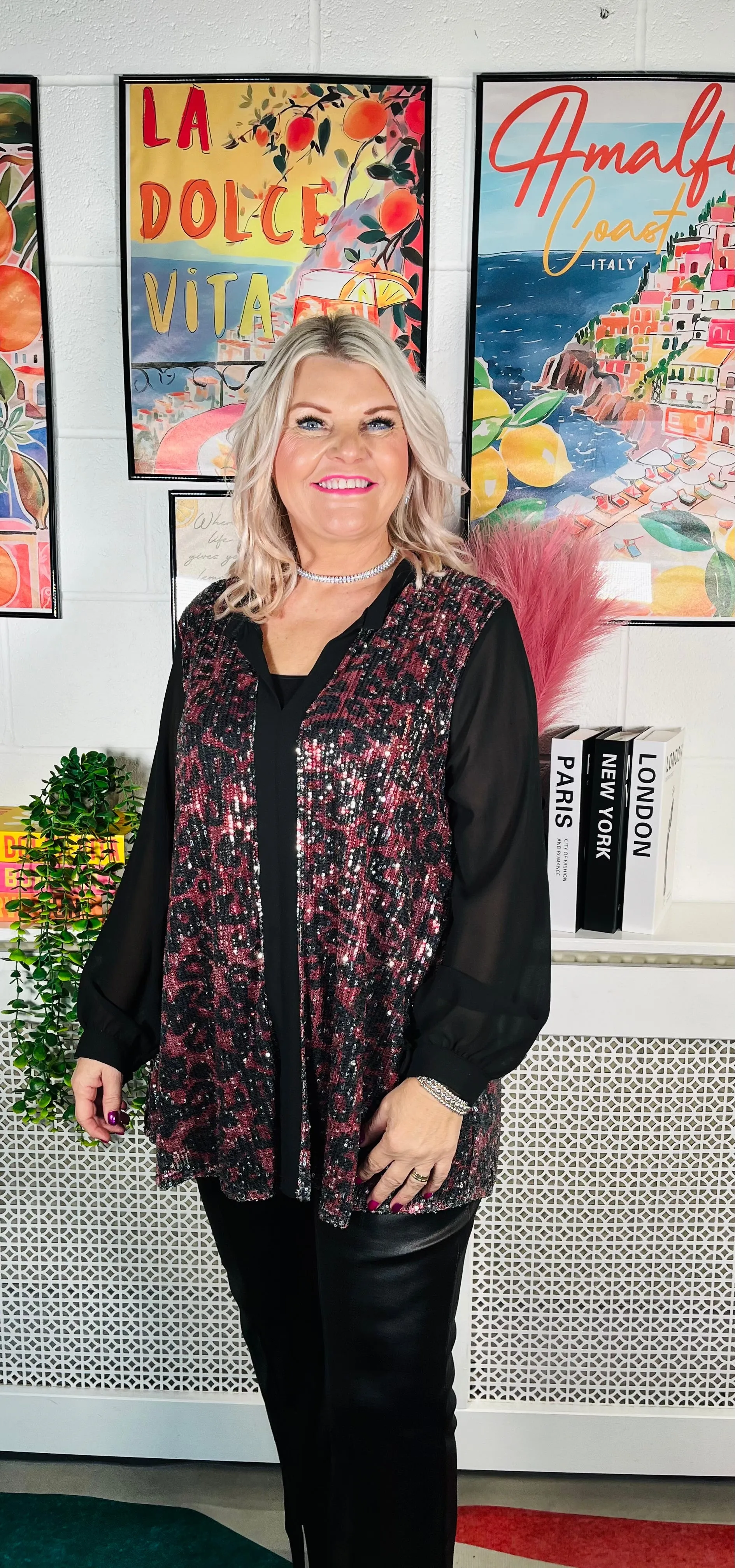 Marsha Sequinned Shirt Top - Red