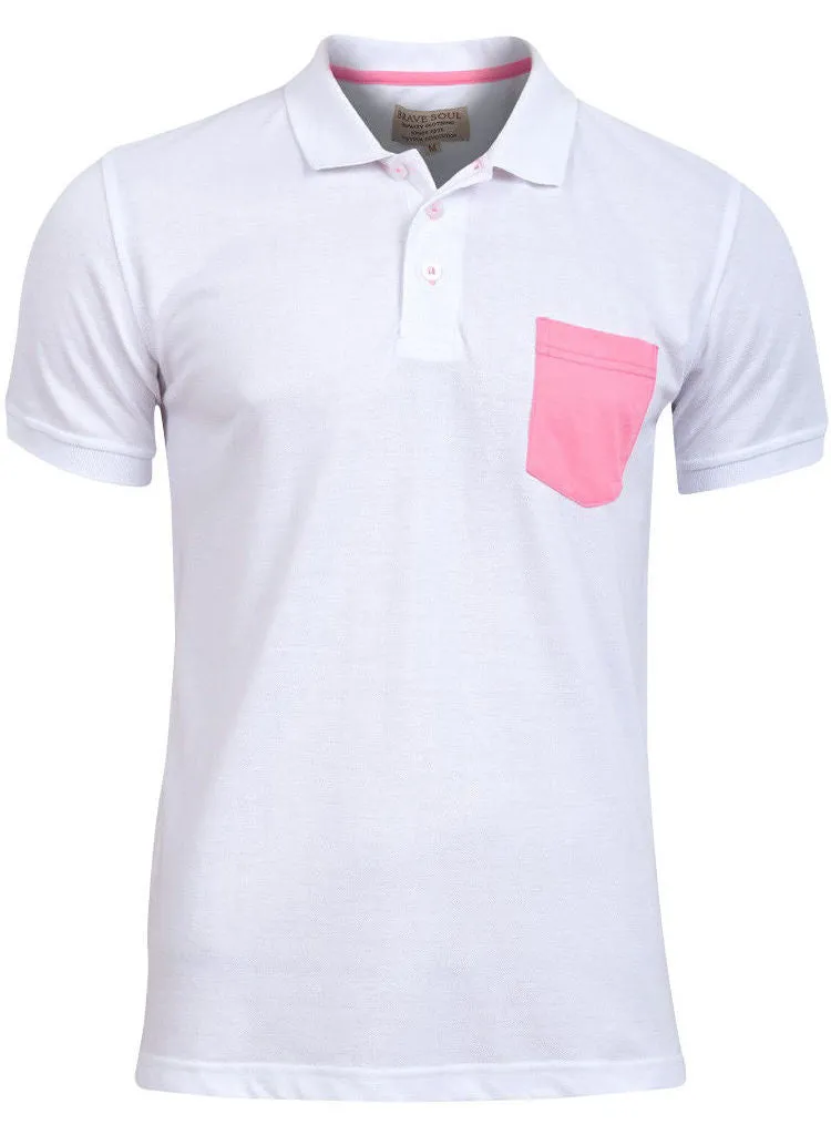 Mens Plain White Cotton Short Sleeved Polo Shirt top with Neon print pocket