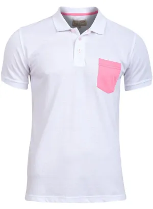Mens Plain White Cotton Short Sleeved Polo Shirt top with Neon print pocket
