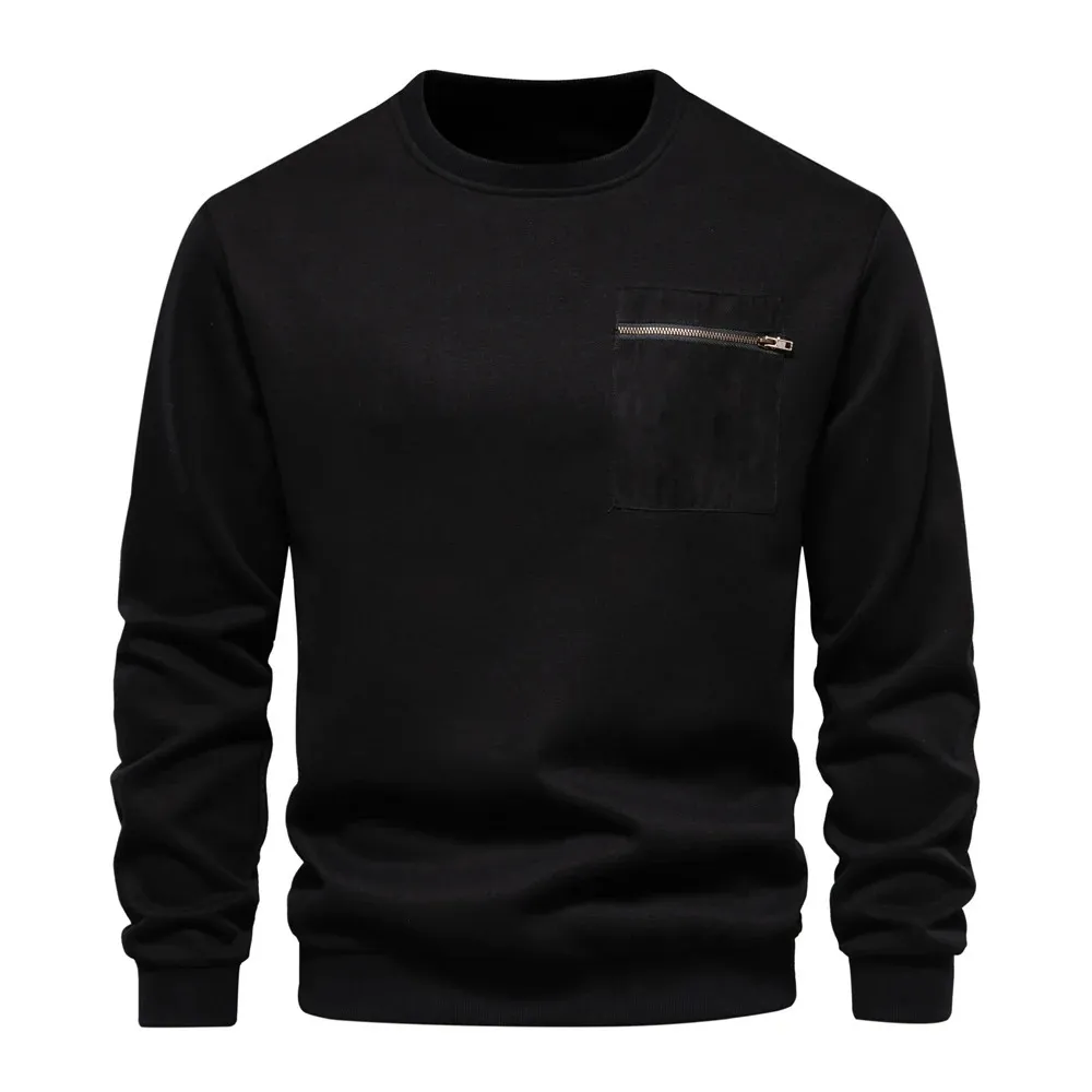 Men's sweater, round neck casual jumper with zip pocket