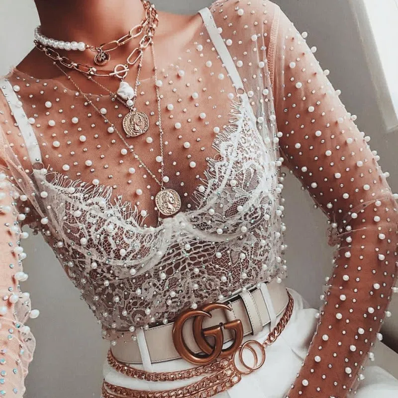 Mesh Embellished Pearl Crop Top