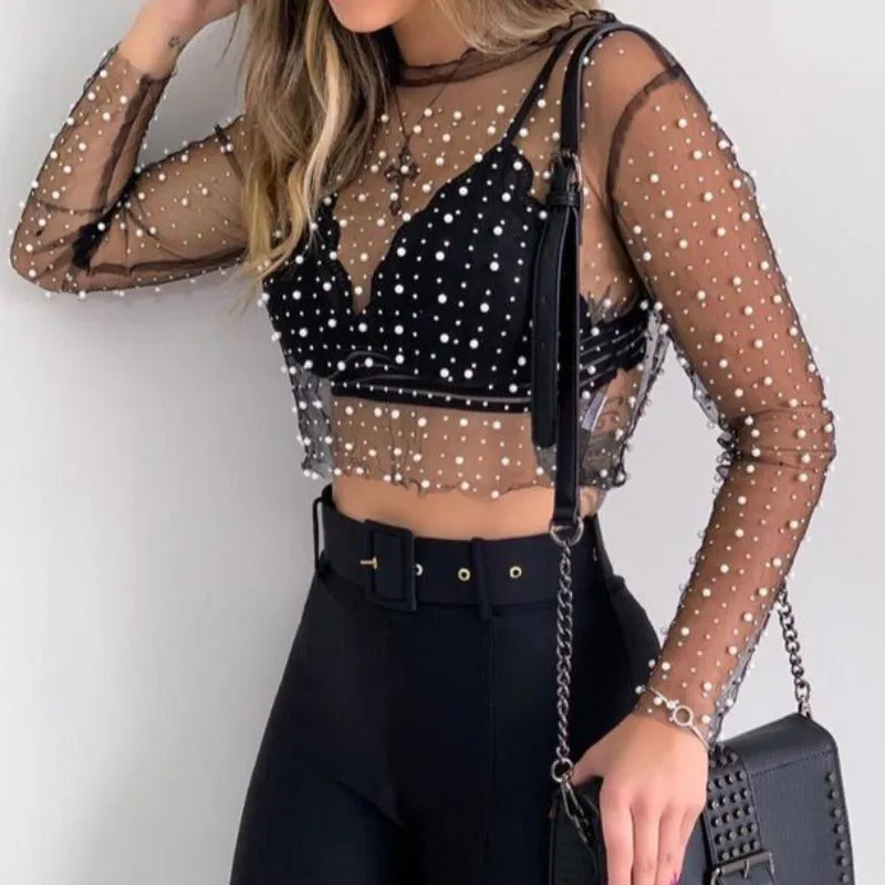 Mesh Embellished Pearl Crop Top