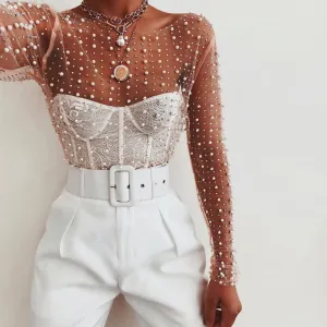 Mesh Embellished Pearl Crop Top