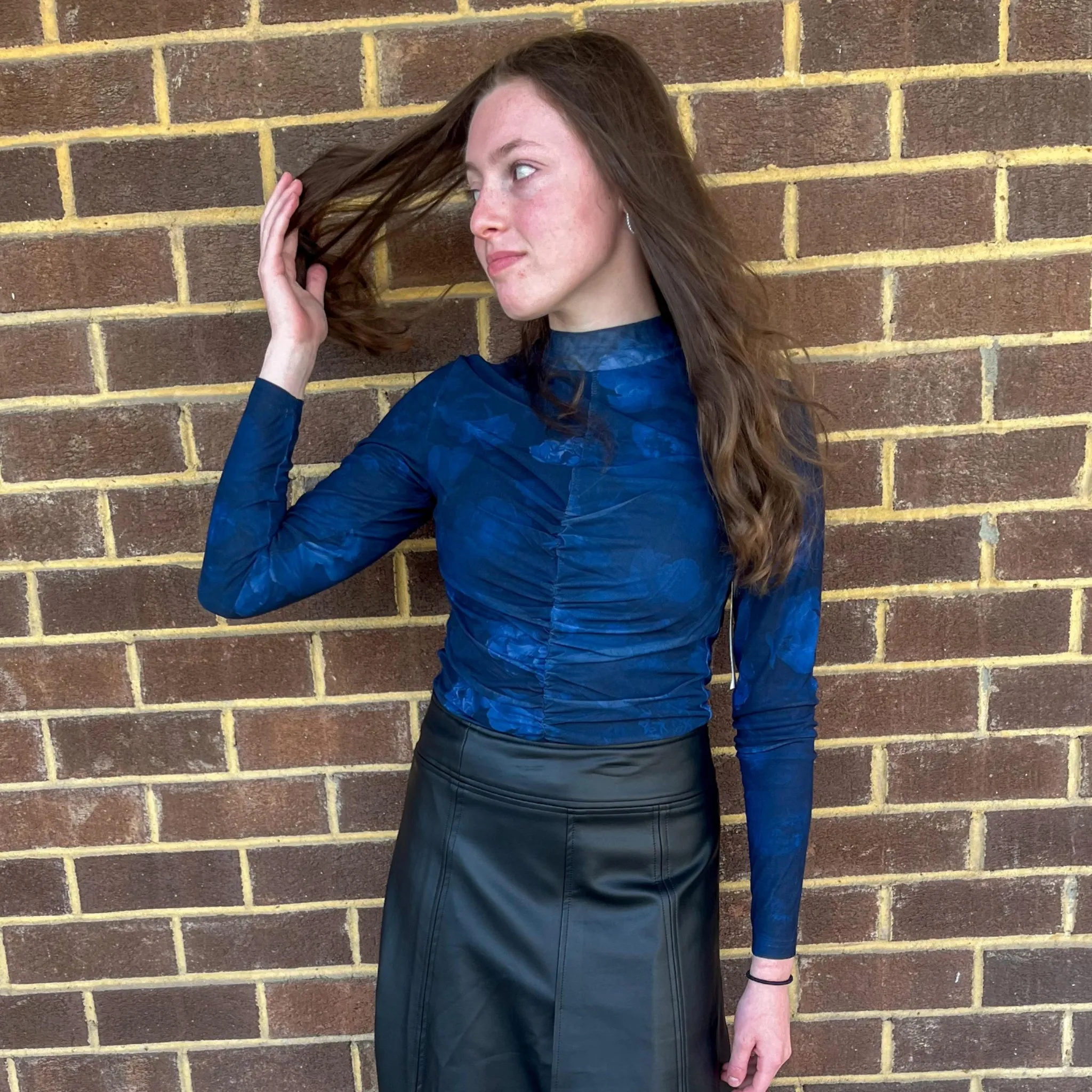 Mesh Ruched Top Navy