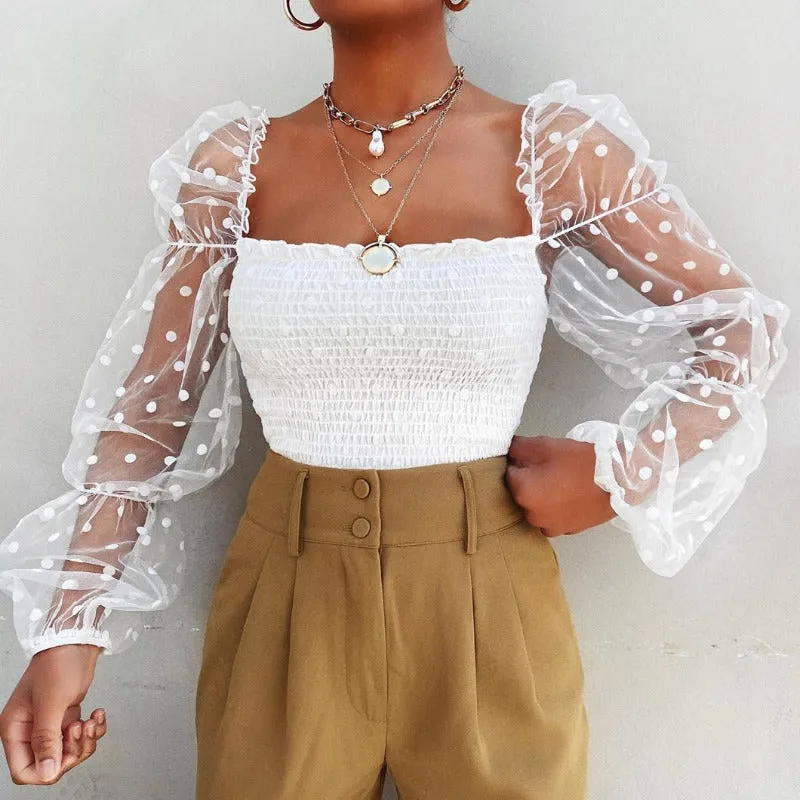 Mesh Sheer Chiffon Long Sleeve Blouse Top