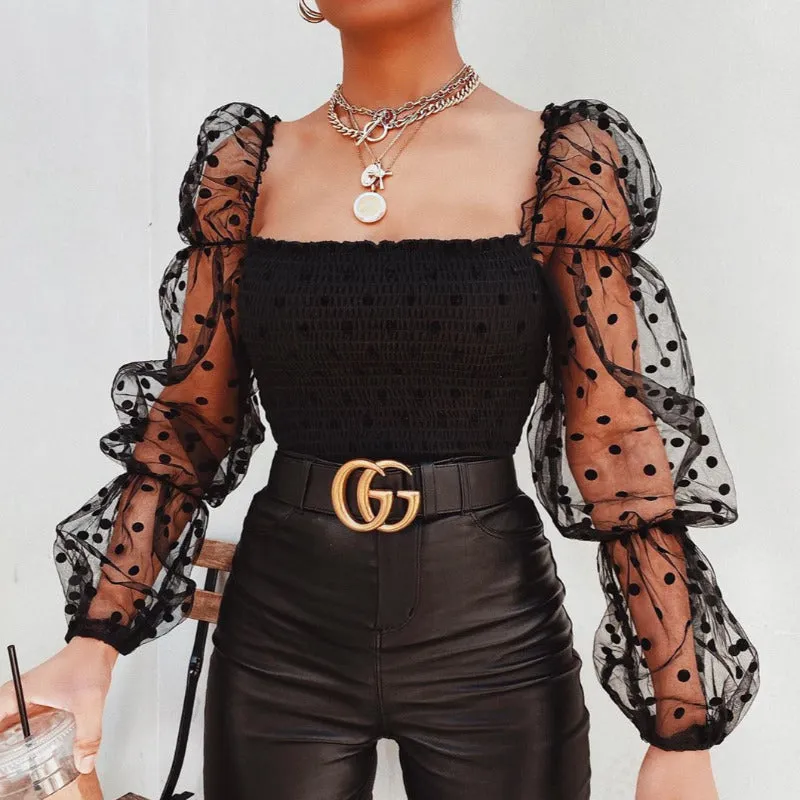 Mesh Sheer Chiffon Long Sleeve Blouse Top