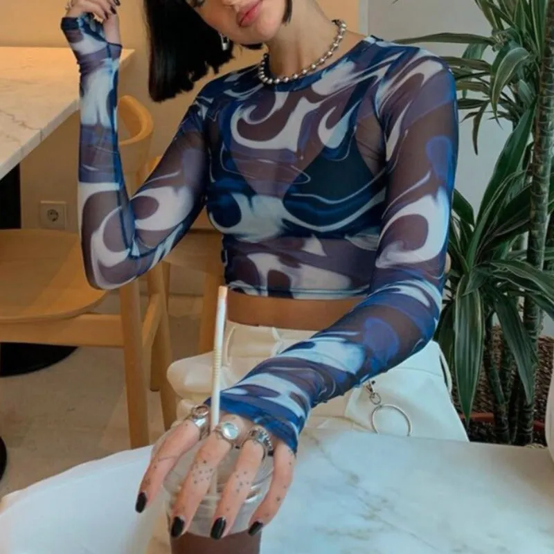 Mesh Sheer Print Long Sleeve Crop Top