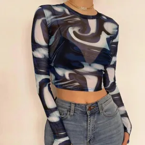Mesh Sheer Print Long Sleeve Crop Top