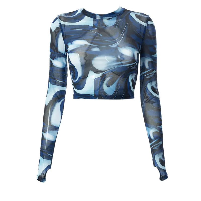 Mesh Sheer Print Long Sleeve Crop Top