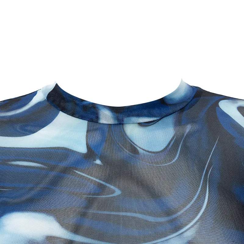 Mesh Sheer Print Long Sleeve Crop Top