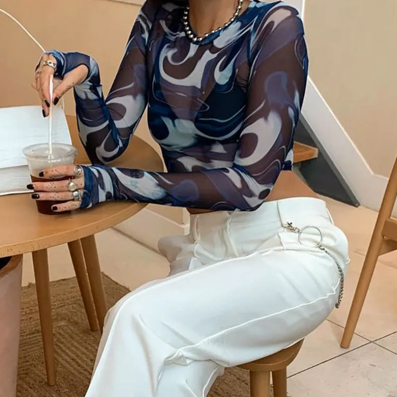 Mesh Sheer Print Long Sleeve Crop Top