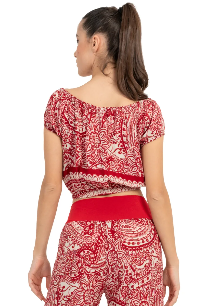 Mexican Style Off-The-Shoulder Mandala Paisley Print Crop Top