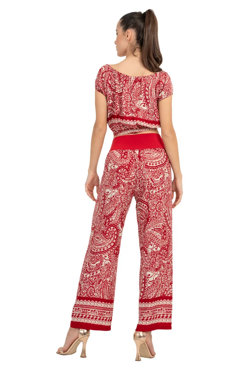 Mexican Style Off-The-Shoulder Mandala Paisley Print Crop Top