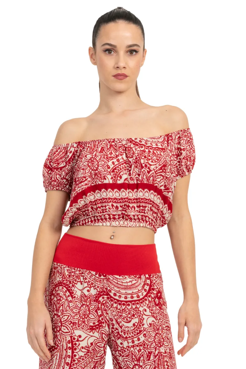 Mexican Style Off-The-Shoulder Mandala Paisley Print Crop Top
