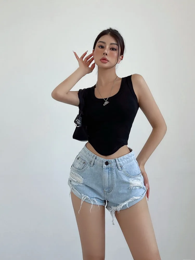 Mia Solid Color U-Neck Wide Strap Slim Sleeveless Cropped Top