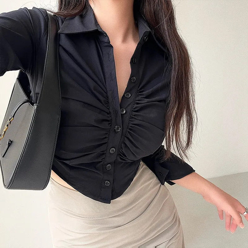 Michelle Solid Color Button Up Ruched Long Sleeve Office Shirt Long Sleeve Top