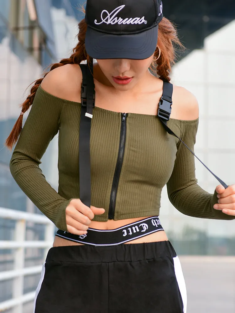 MIP OFF SHOULDER LONG SLEEVE CROP TOP WITH ZIP FRONT DETAIL