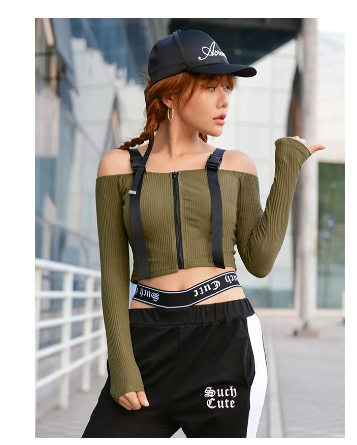 MIP OFF SHOULDER LONG SLEEVE CROP TOP WITH ZIP FRONT DETAIL