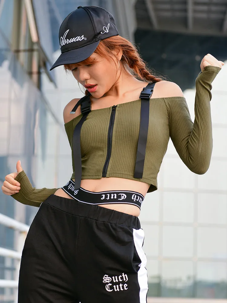 MIP OFF SHOULDER LONG SLEEVE CROP TOP WITH ZIP FRONT DETAIL