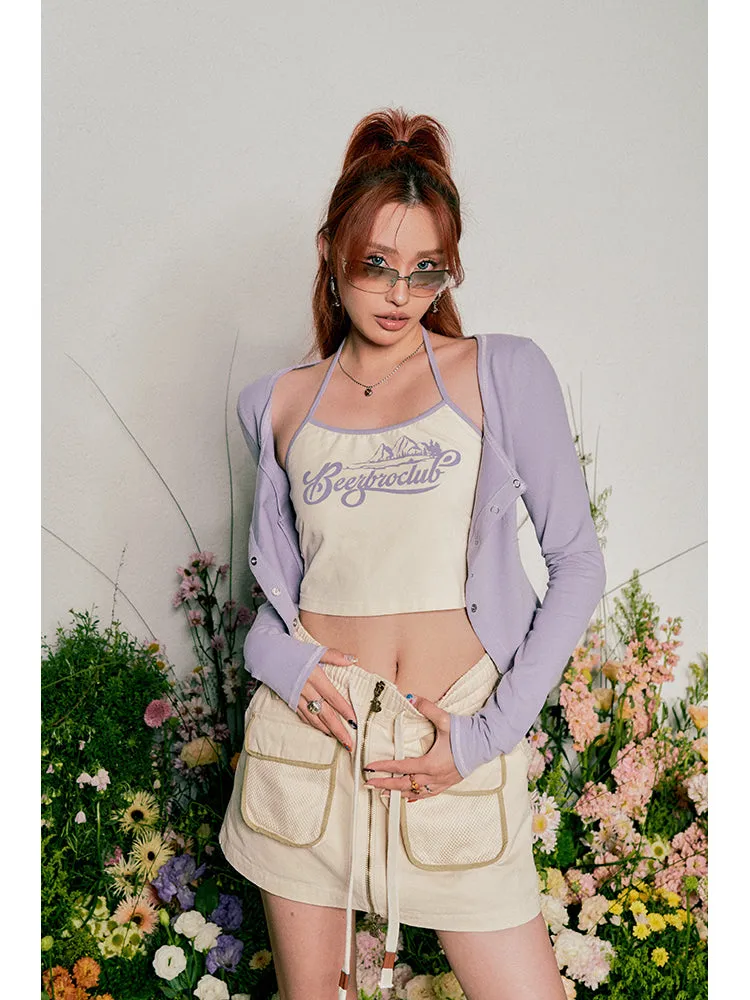 Miss Beer Patchwork Halter Long Sleeve Button Up Slim Top