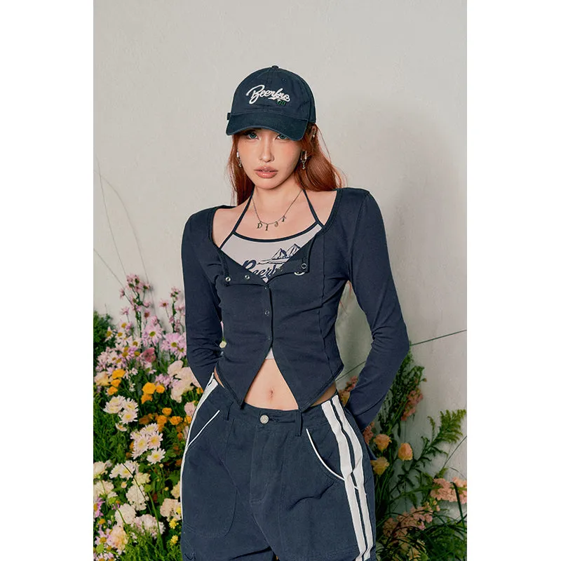 Miss Beer Patchwork Halter Long Sleeve Button Up Slim Top