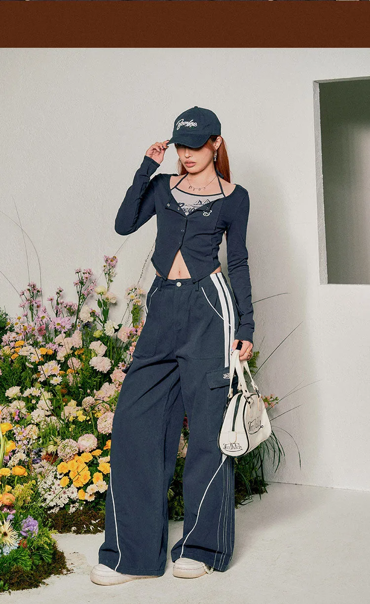 Miss Beer Patchwork Halter Long Sleeve Button Up Slim Top