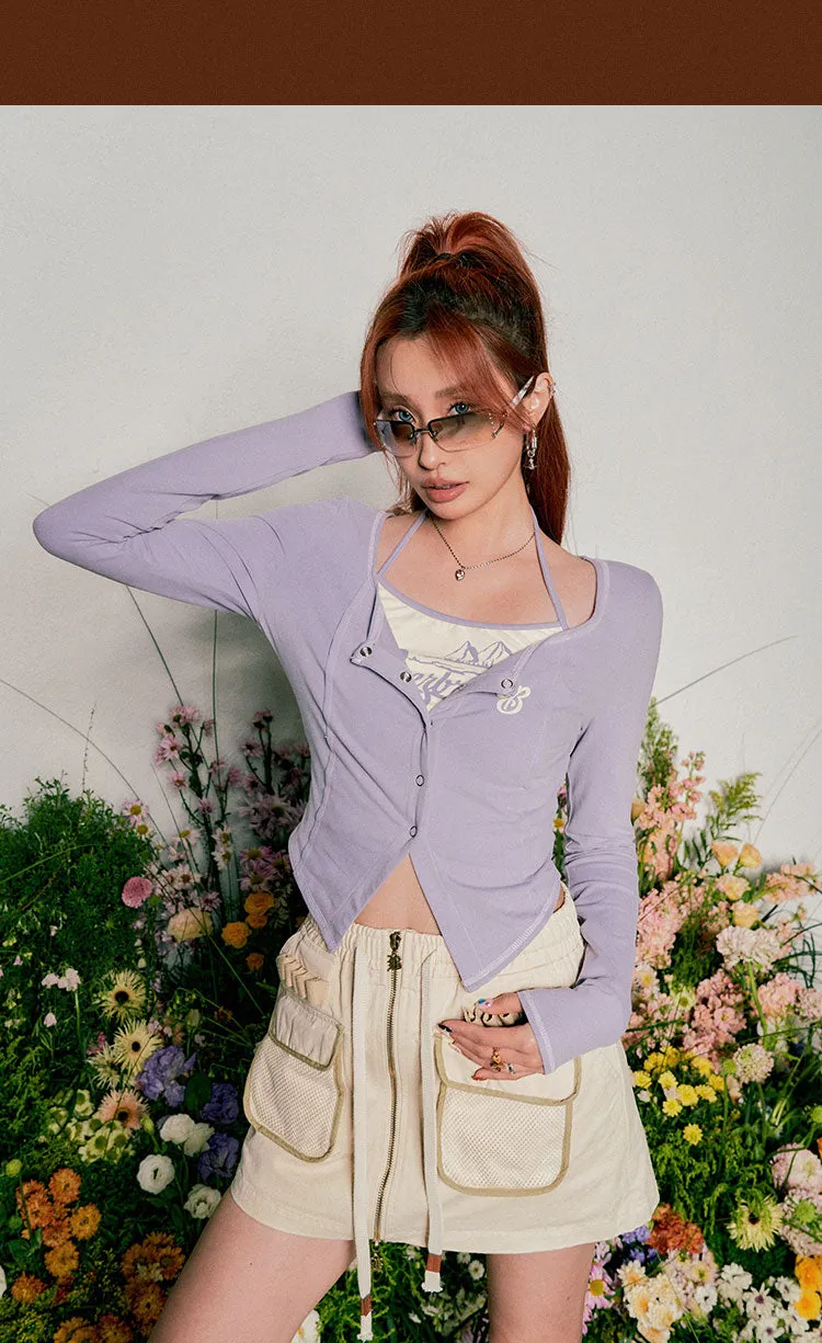 Miss Beer Patchwork Halter Long Sleeve Button Up Slim Top