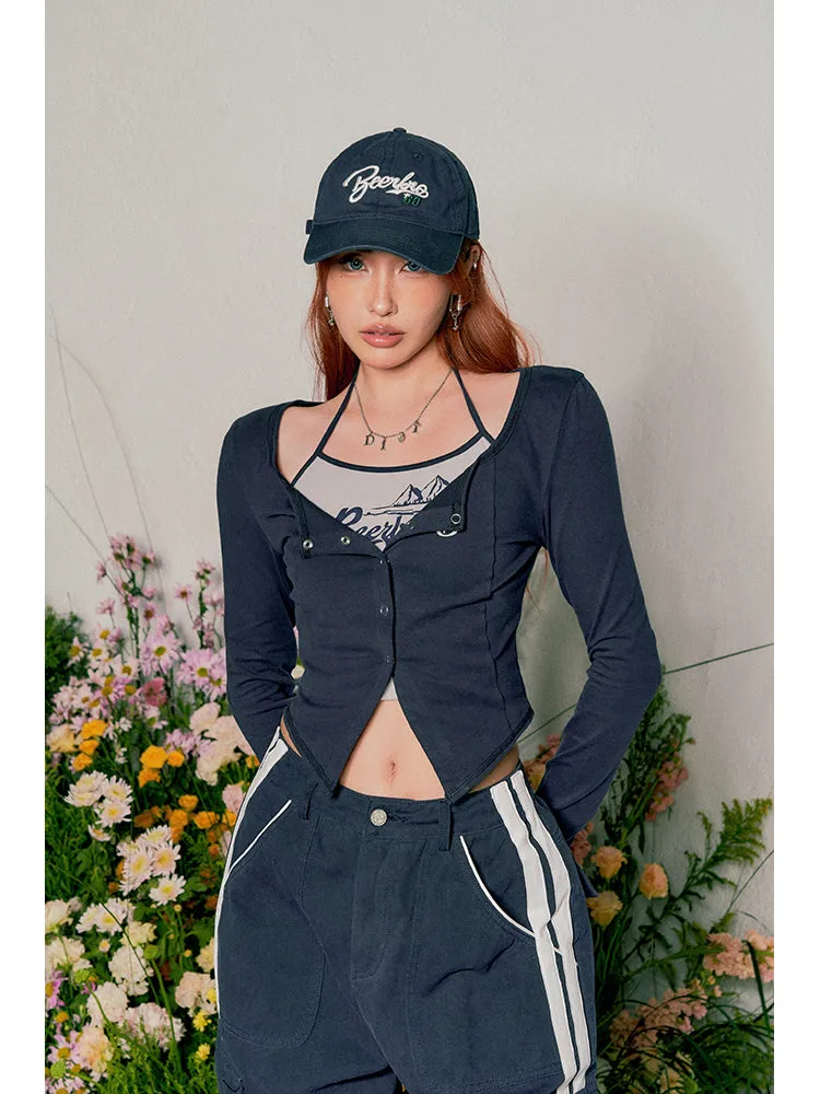 Miss Beer Patchwork Halter Long Sleeve Button Up Slim Top