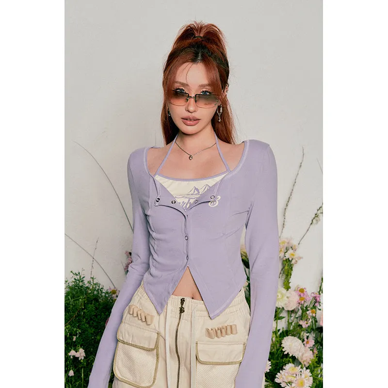 Miss Beer Patchwork Halter Long Sleeve Button Up Slim Top