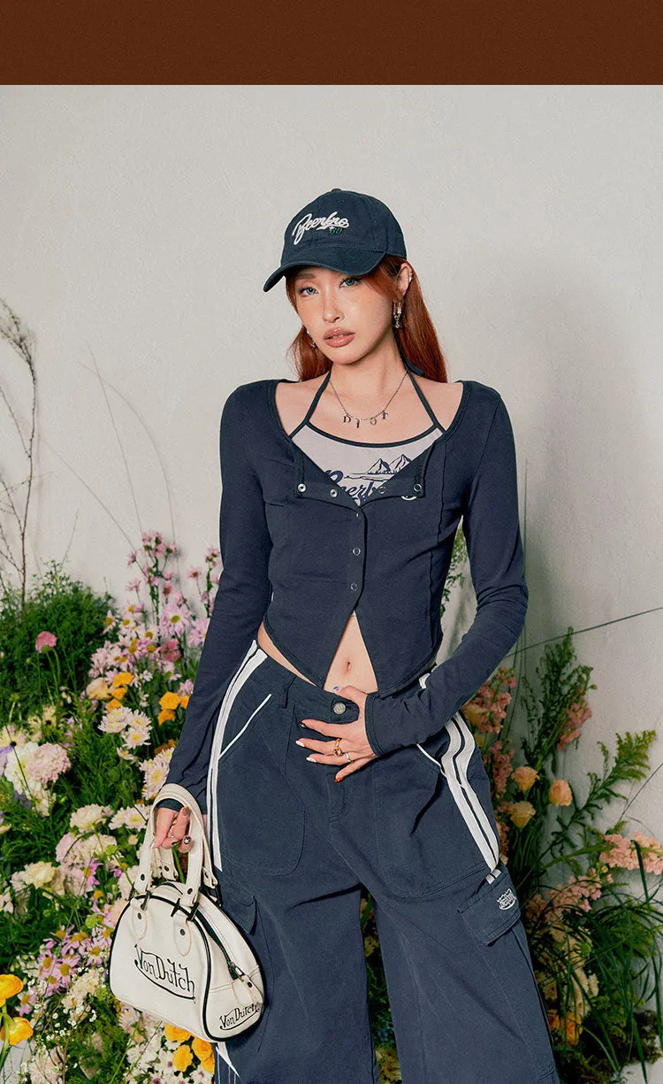 Miss Beer Patchwork Halter Long Sleeve Button Up Slim Top