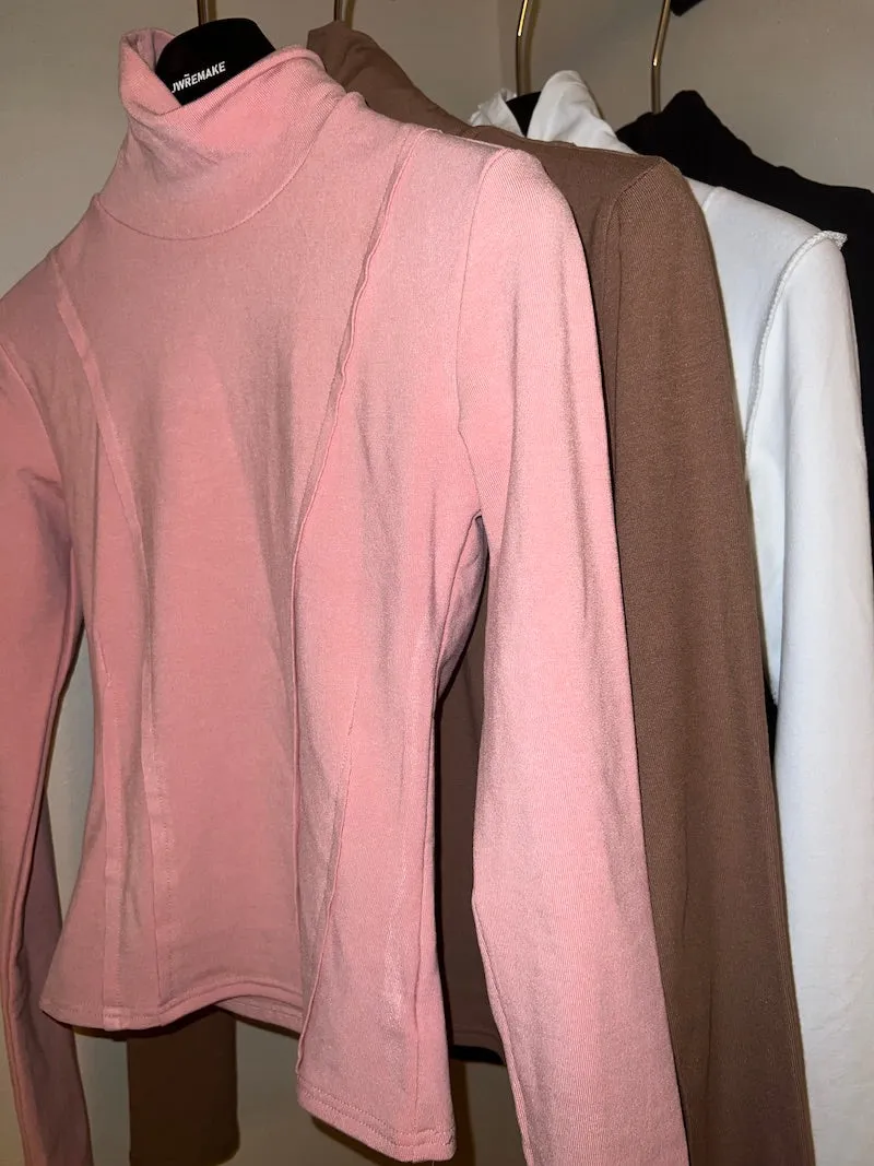 Moriah Solid Color Patchwork Turtleneck Long Sleeve Slim Top