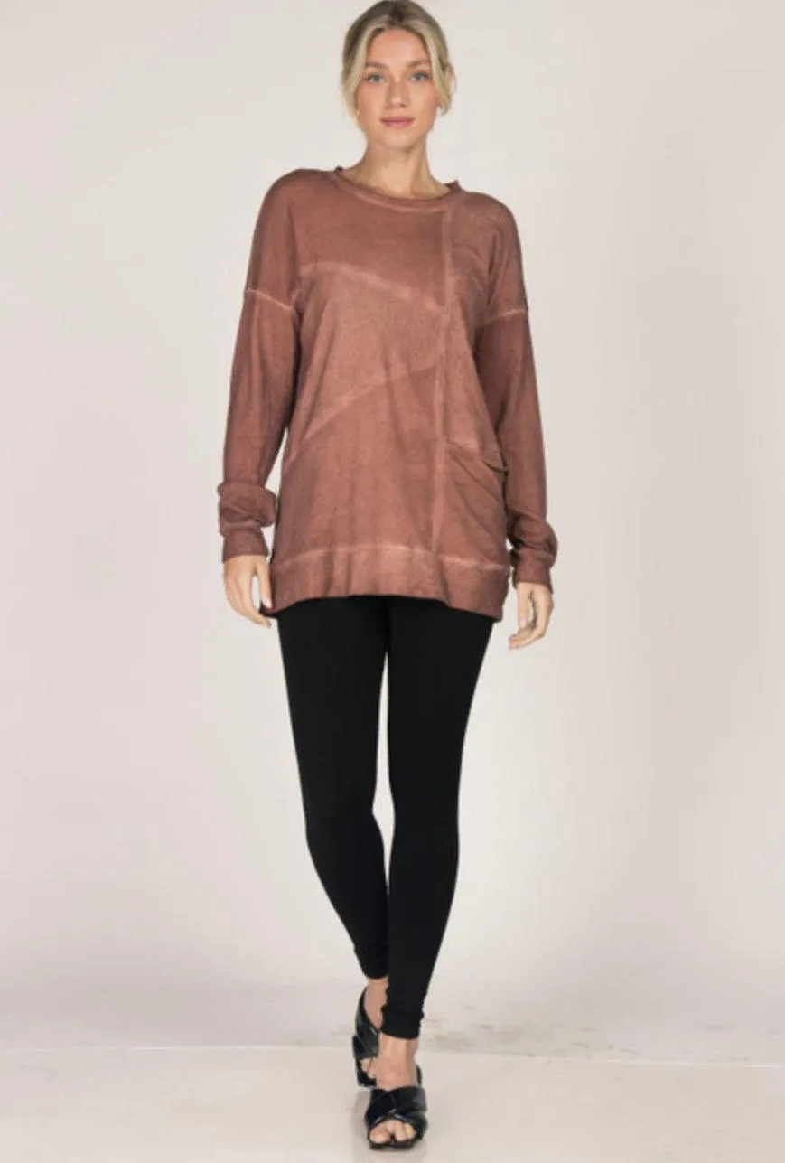 M.Rena Oil Washed French Terry Tunic With Asymetrical Panel and Slouch Pocket