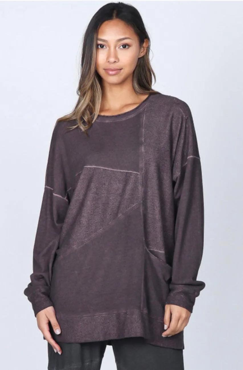 M.Rena Oil Washed French Terry Tunic With Asymetrical Panel and Slouch Pocket