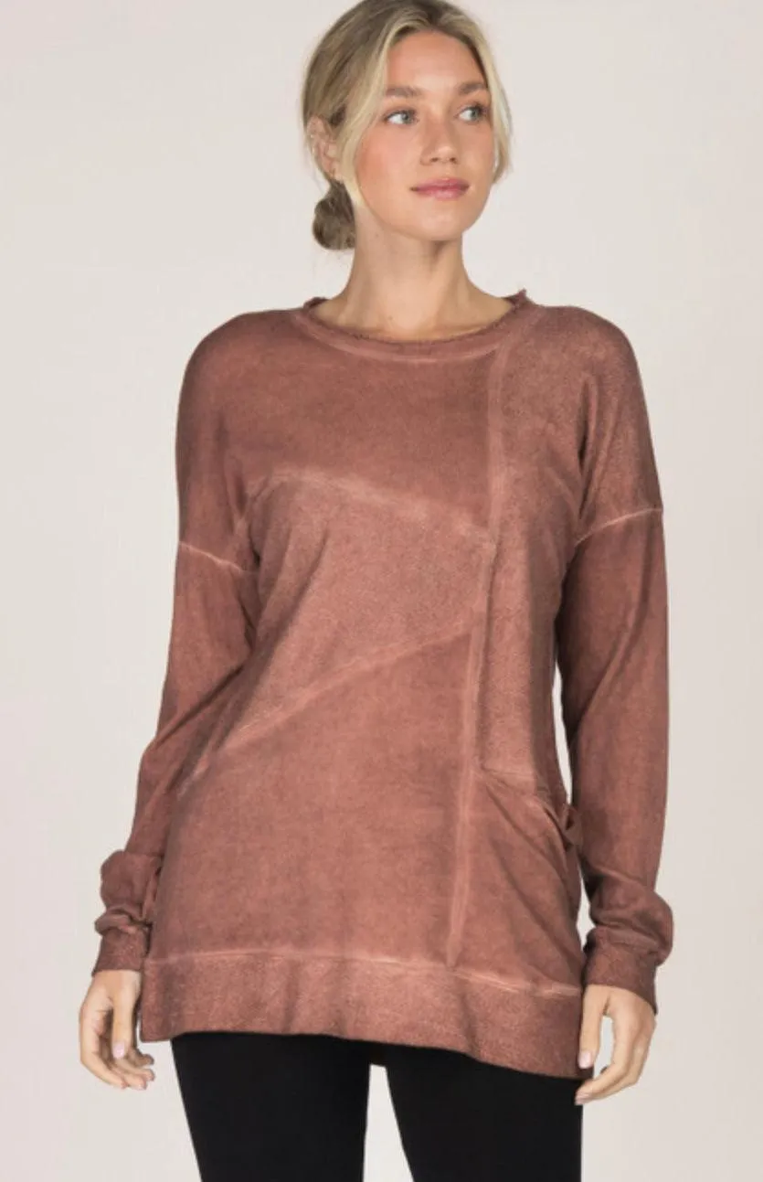 M.Rena Oil Washed French Terry Tunic With Asymetrical Panel and Slouch Pocket