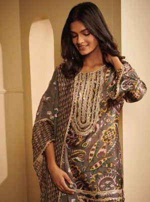 Mulmul Cupro Vida Grey Kurta With Vida Grey Garara