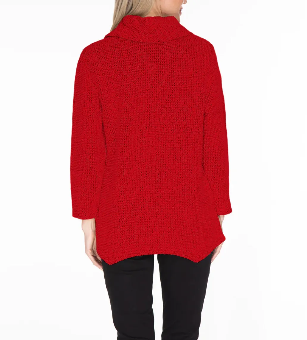 Multiples 3/4 SLV BTTN Tab Cowl Collar Sharkbite Hem Top