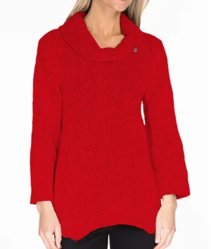 Multiples 3/4 SLV BTTN Tab Cowl Collar Sharkbite Hem Top