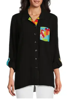 Multiples Black/Multi Button Front Shirt