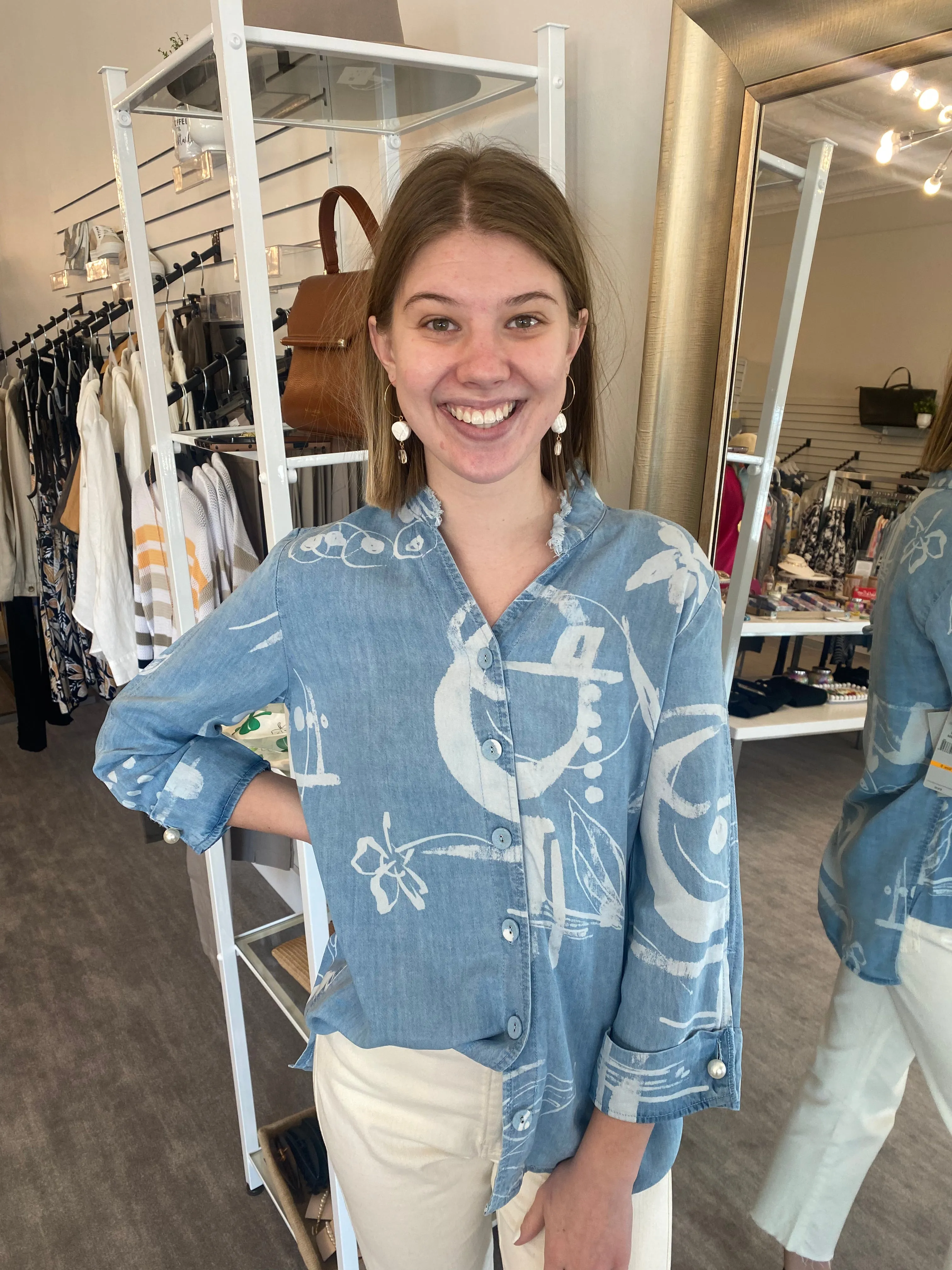 Multiples Chambray Printed Hi-Low Button Up