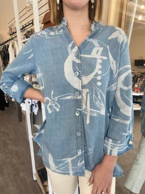 Multiples Chambray Printed Hi-Low Button Up