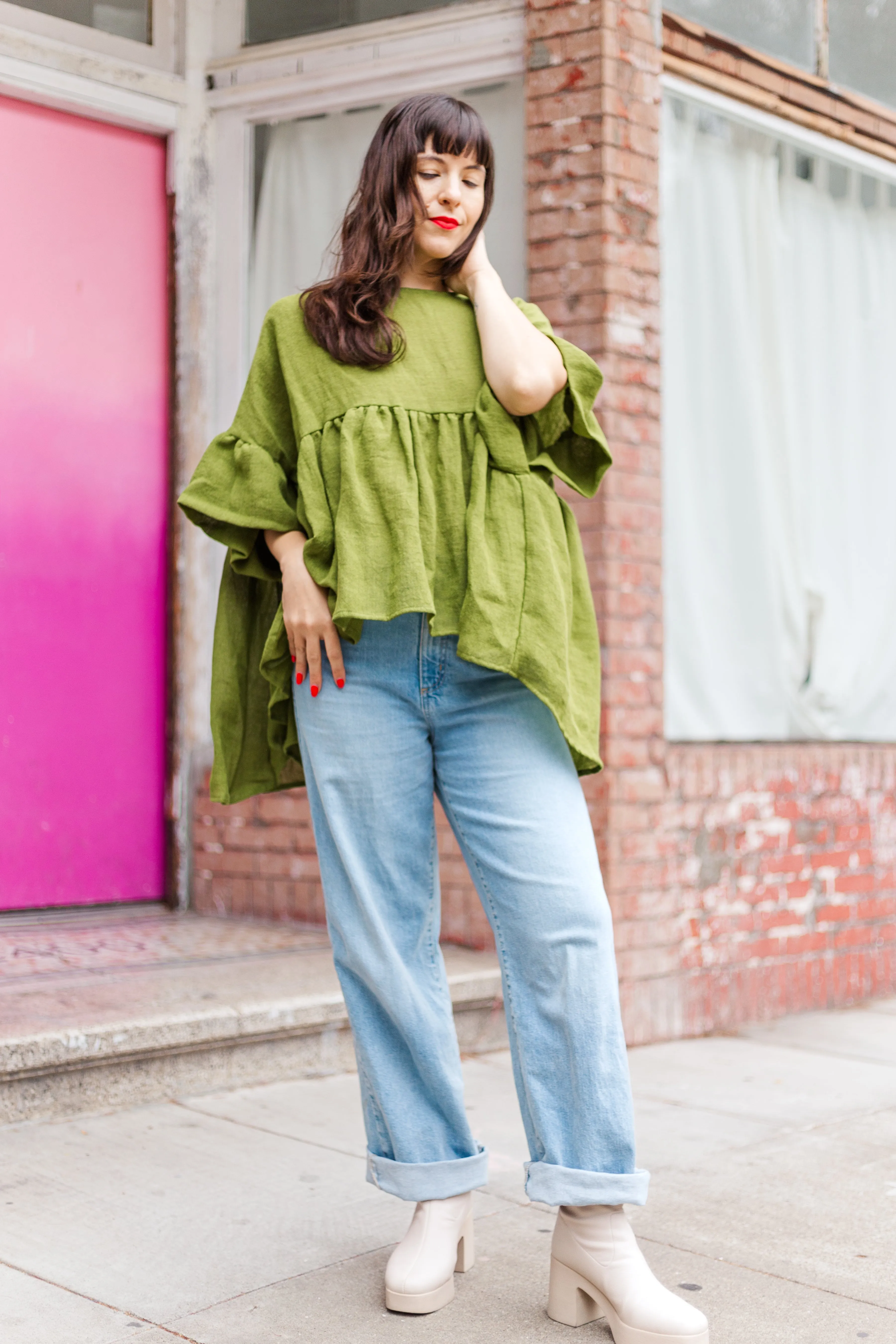 Mushroom Top in Acid Green Linen Wool (RTS)