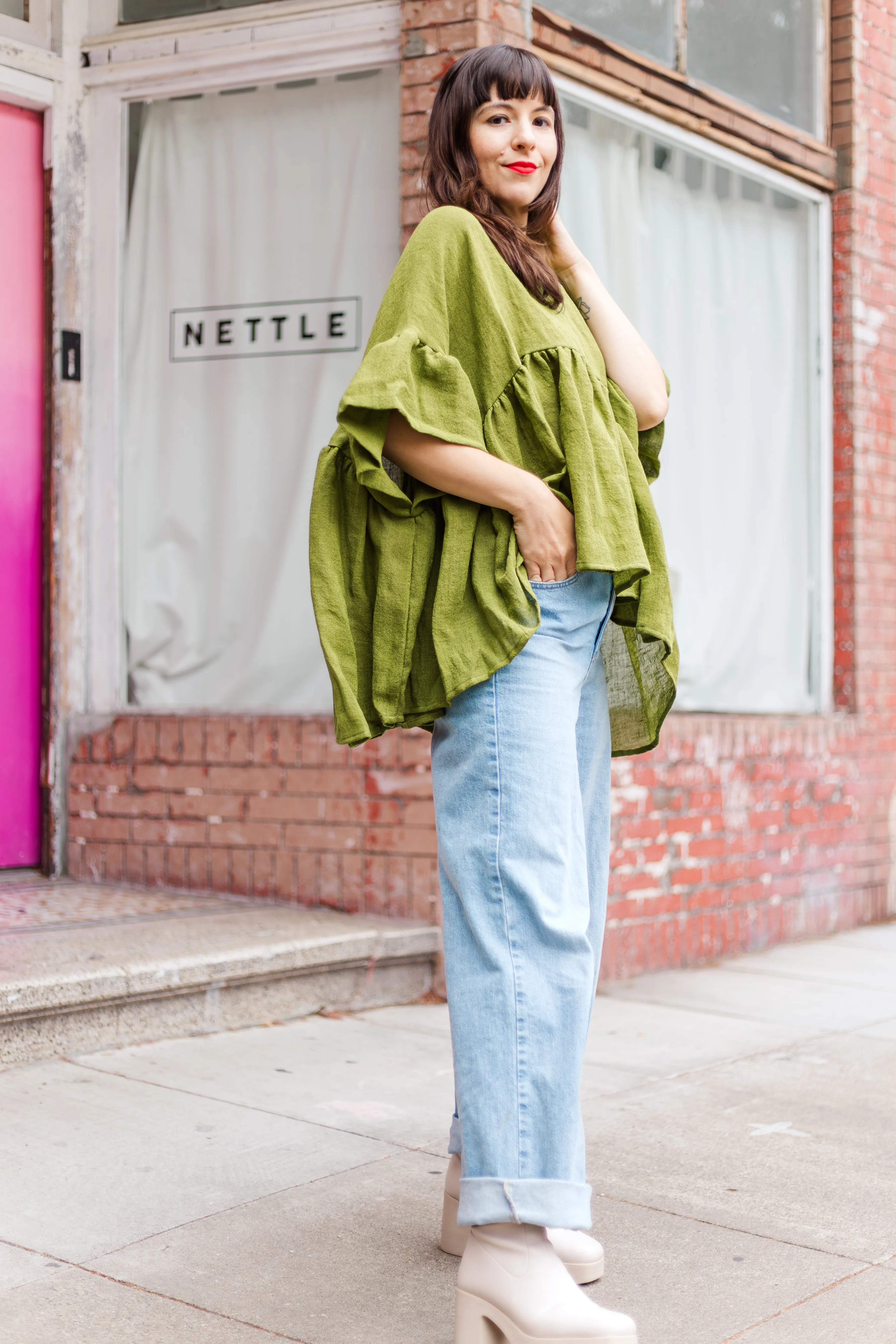 Mushroom Top in Acid Green Linen Wool (RTS)