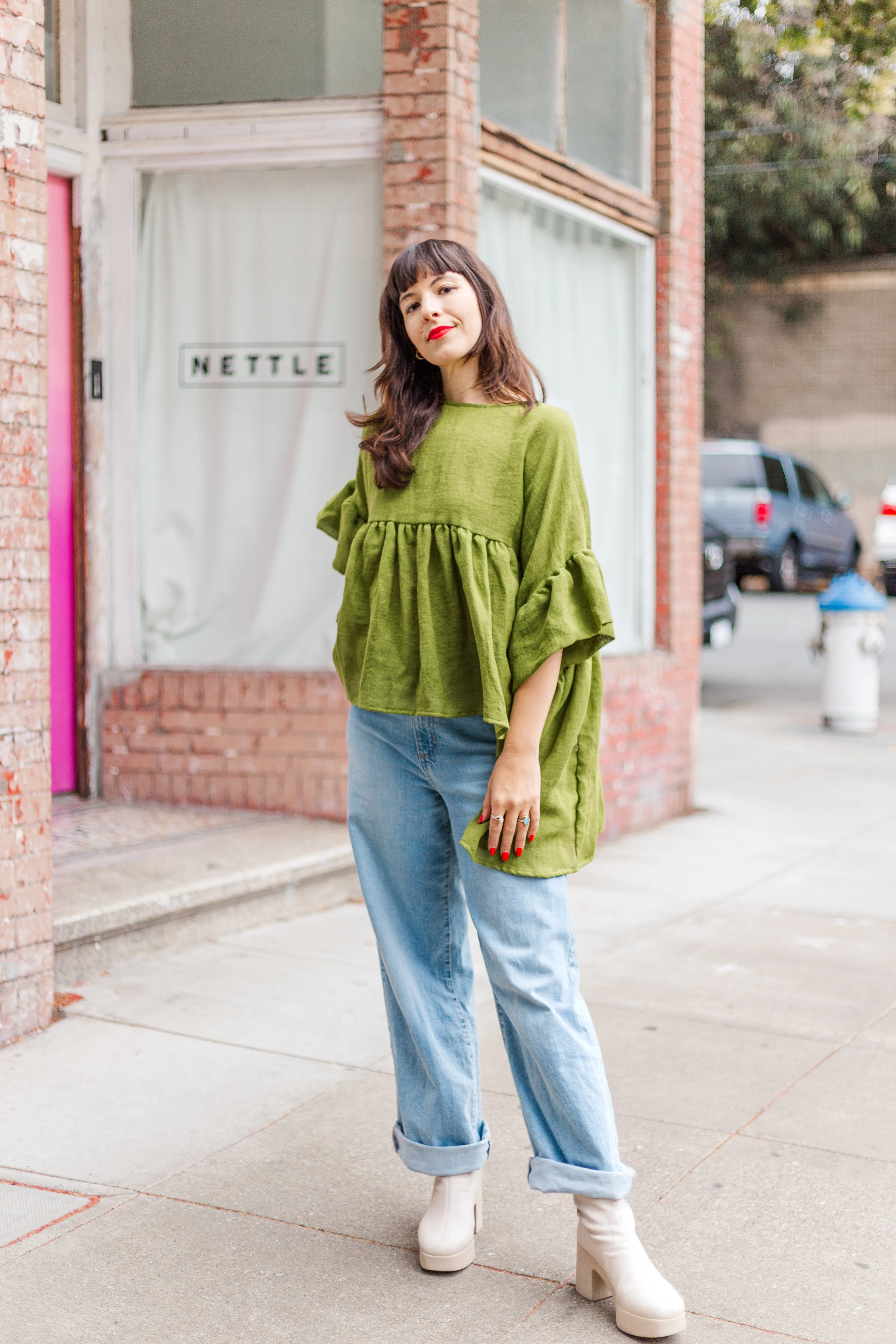 Mushroom Top in Acid Green Linen Wool (RTS)