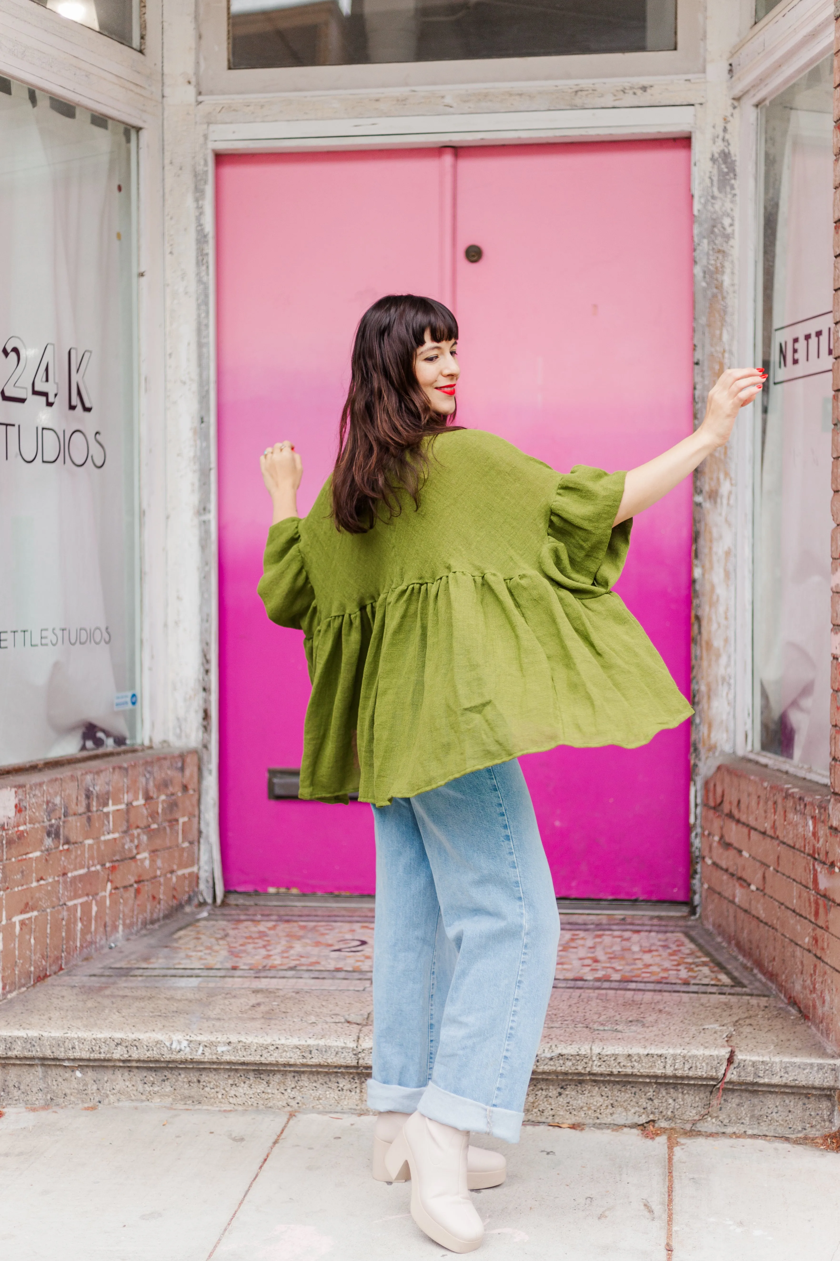 Mushroom Top in Acid Green Linen Wool (RTS)
