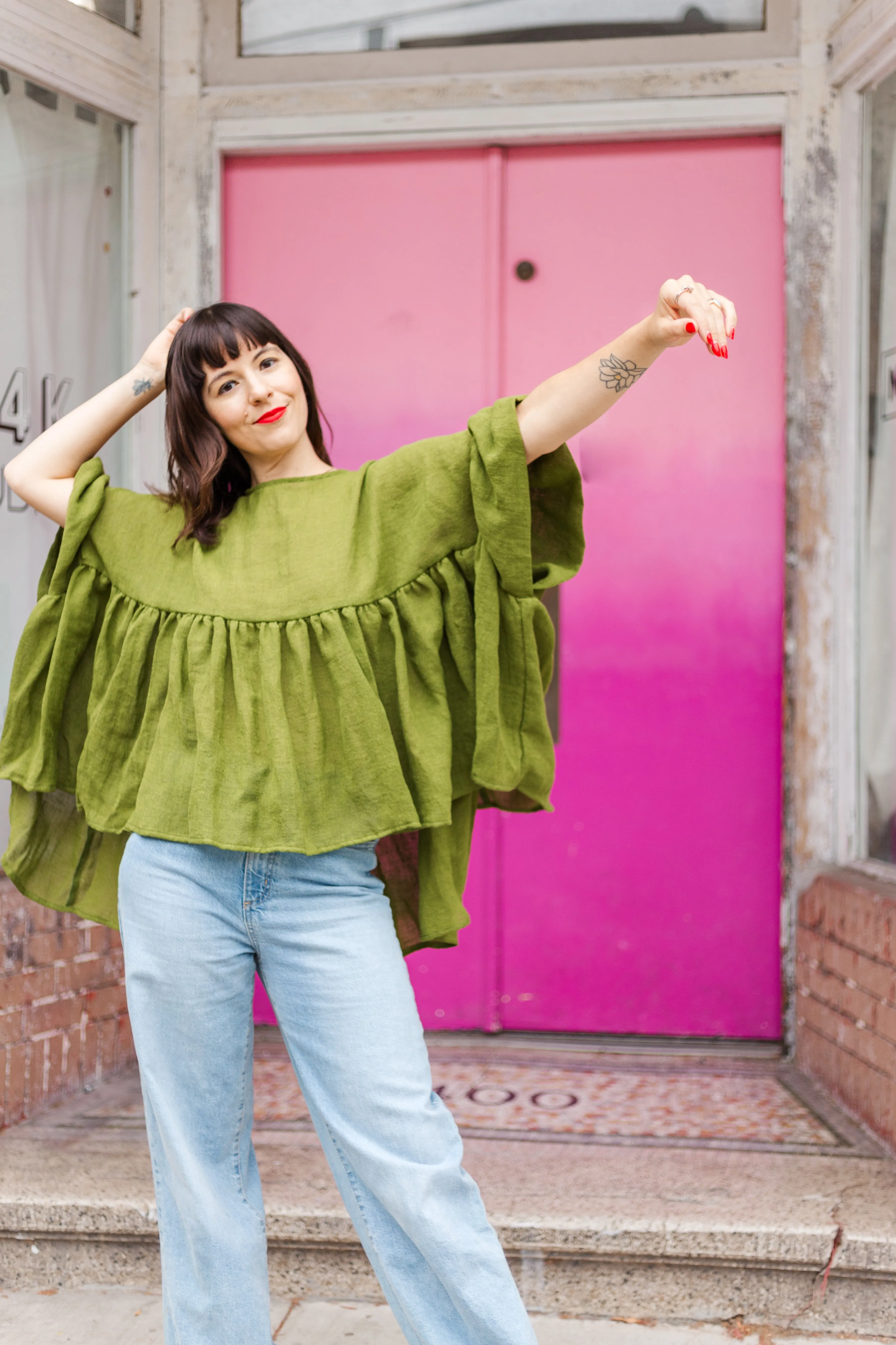 Mushroom Top in Acid Green Linen Wool (RTS)