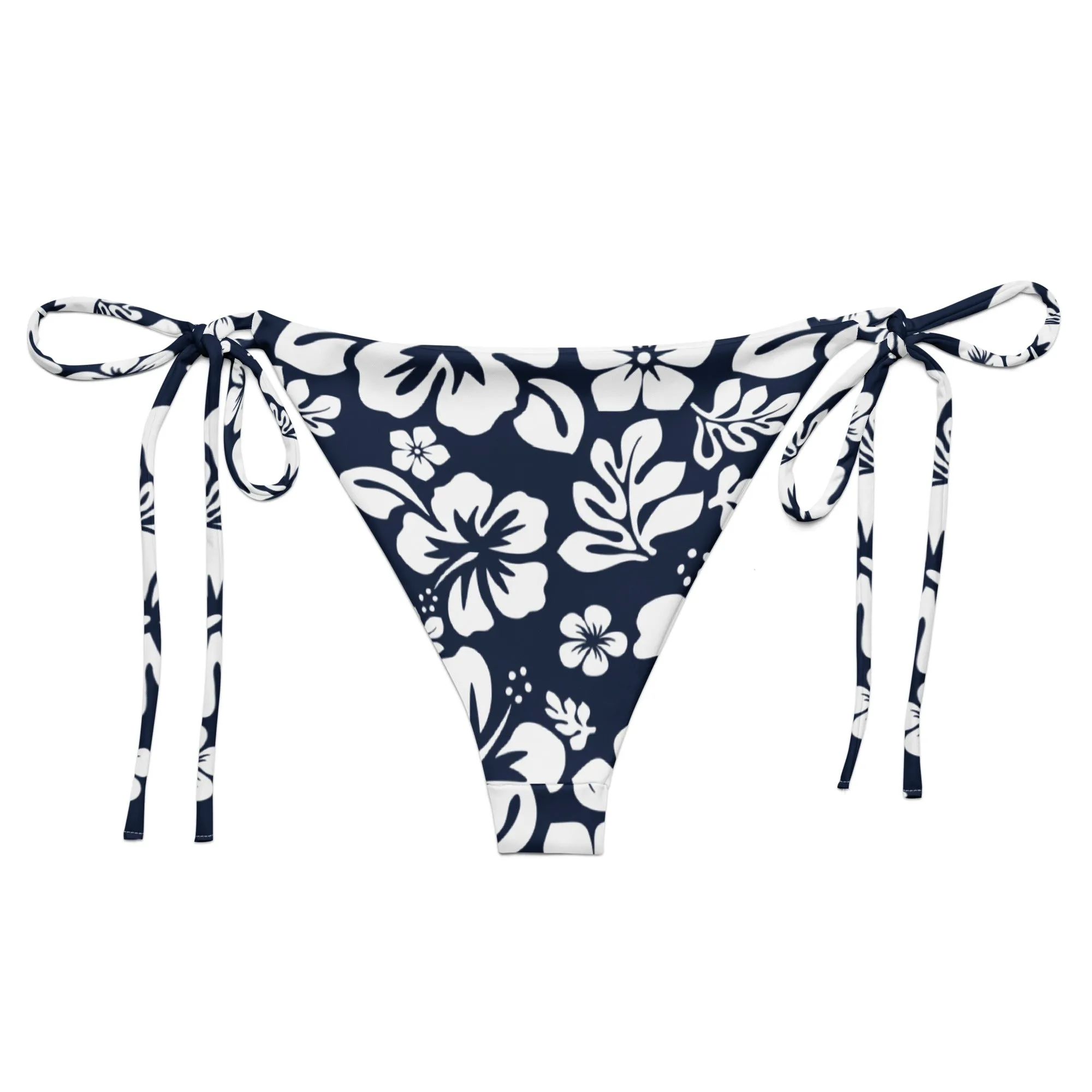 Navy Blue and White Hawaiian Flowers String Bikini Bottoms