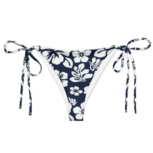 Navy Blue and White Hawaiian Flowers String Bikini Bottoms