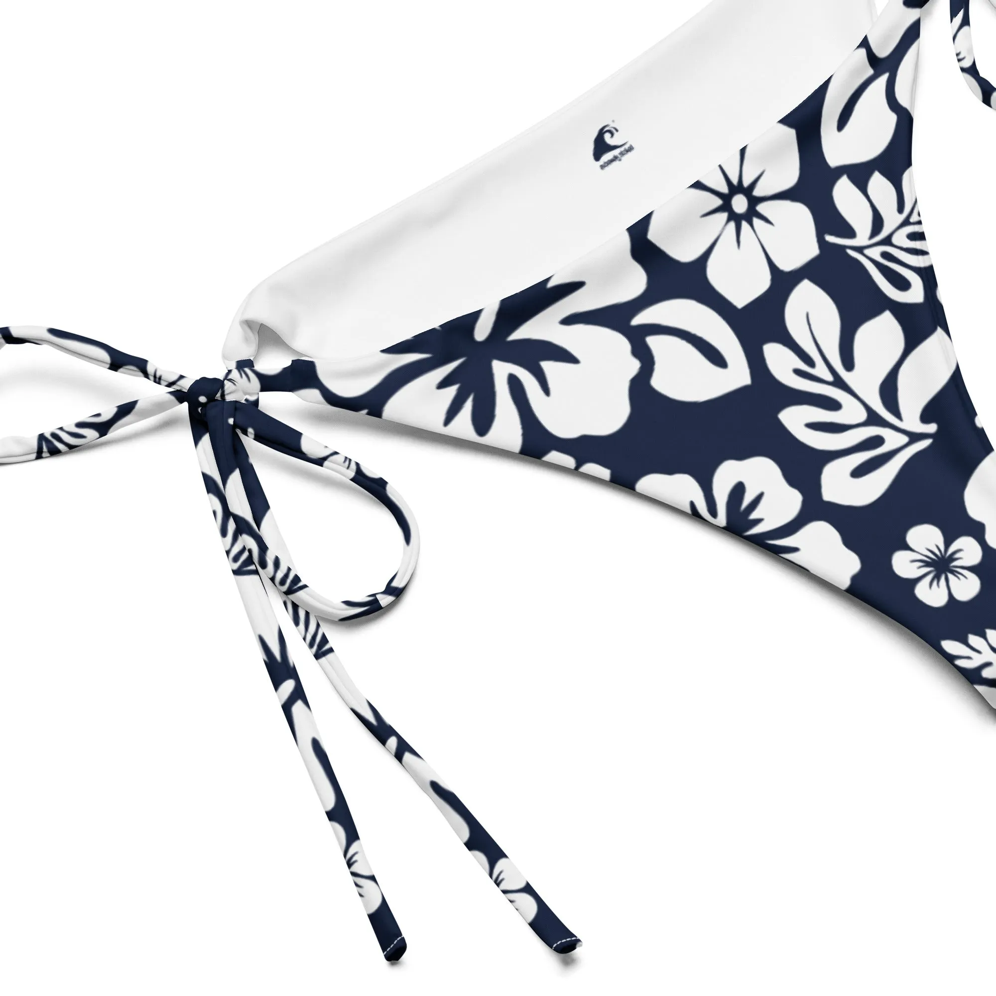 Navy Blue and White Hawaiian Flowers String Bikini Bottoms