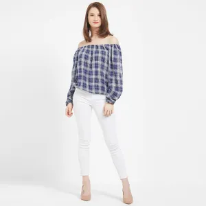 Navy Checkered Off Shoulder Top