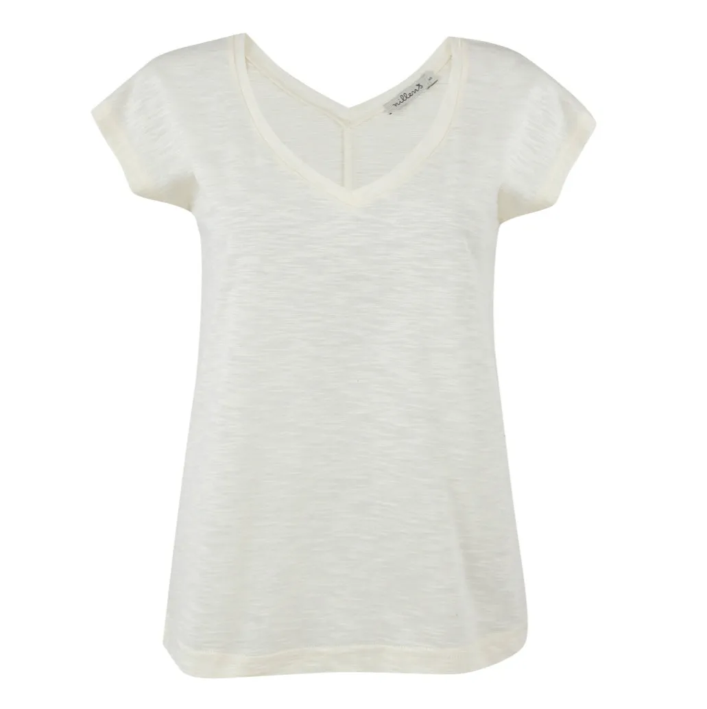 Off White Cotton Slub V-Neck T-Shirt